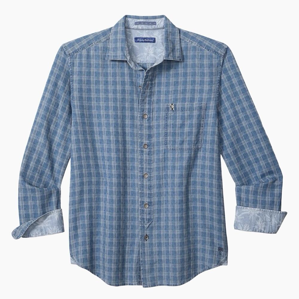 Tommy Bahama Indigo Palms Lopez Island Check Plaid Men’s Button Up Shirt Navy LG